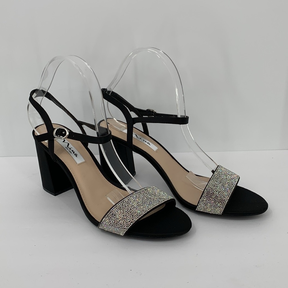 Nina Haven block heel black satin shoe sandal dressy clear crystal rhinestone 10 - Picture 2 of 6